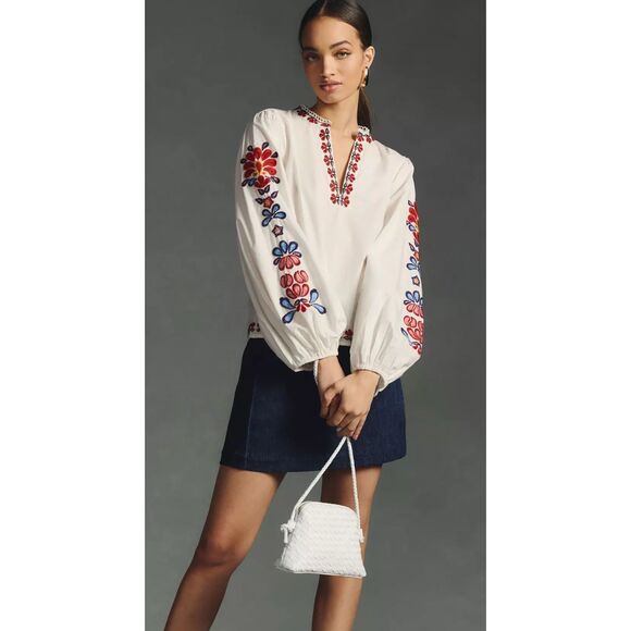 Farm x Anthropologie Embroidered Peasant Blouse, Small $138 A43 - Picture 1 of 11